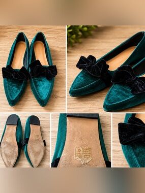 Green Velvet Pointed Toe Flats with Black Bow